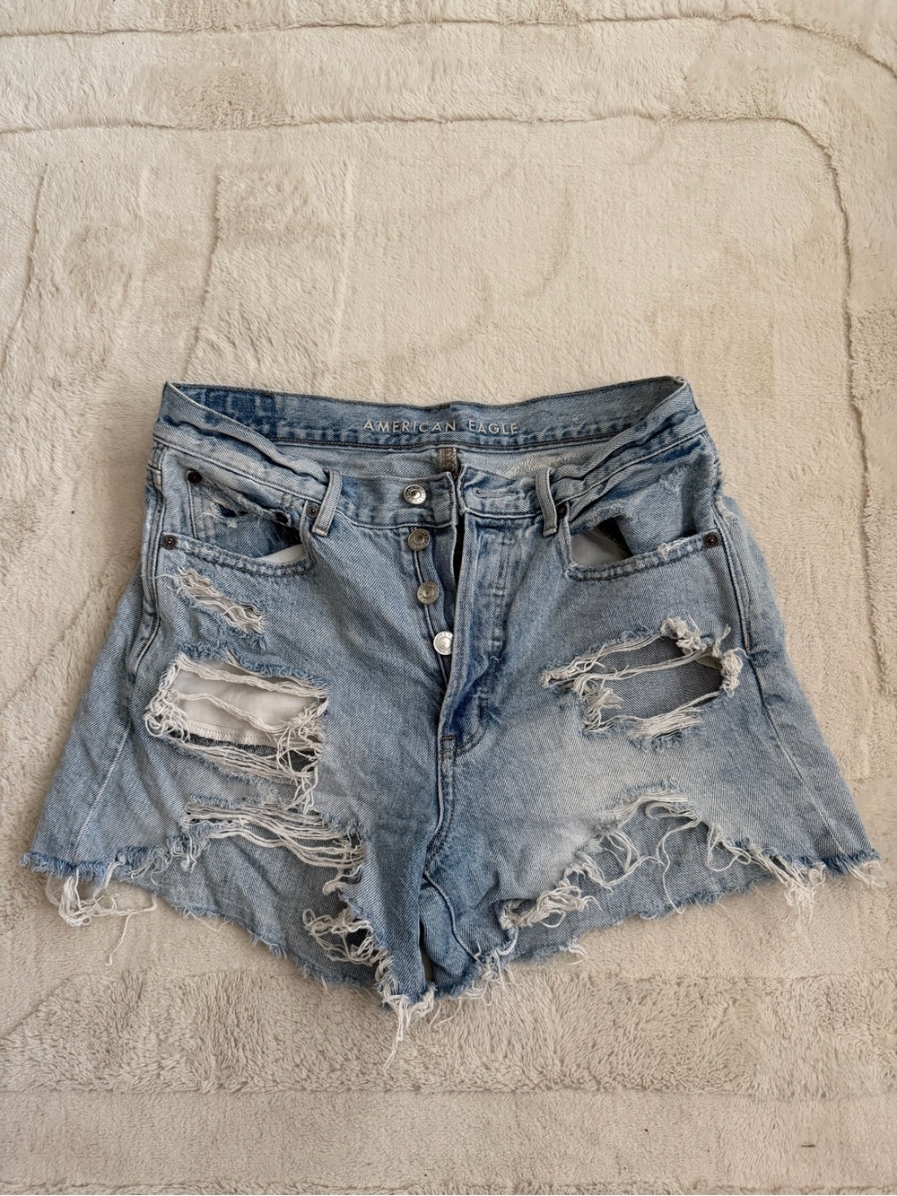 American Eagle Outfitters Light Blue Distressed High-Rise Denim Shorts